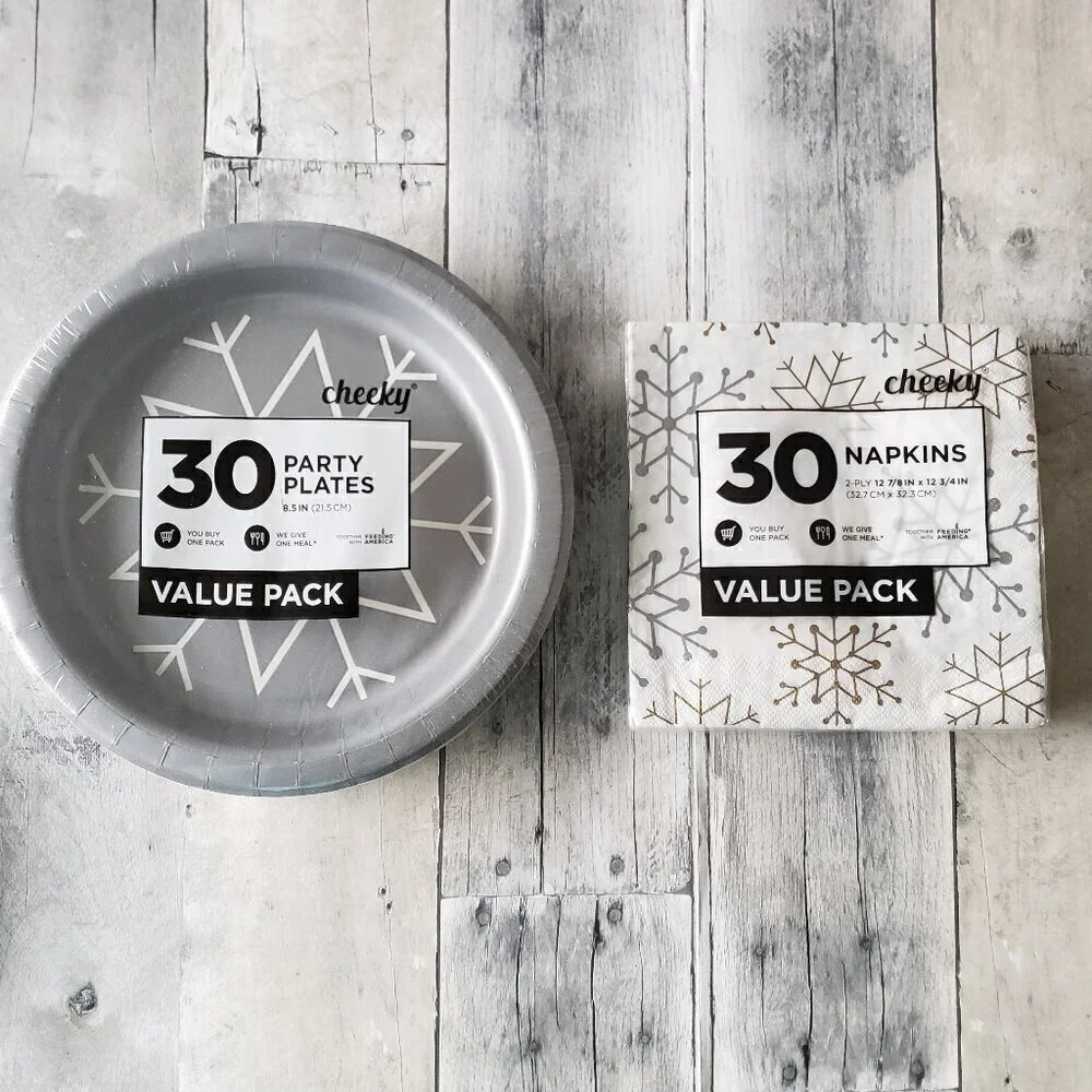 NWT - Sliver, Gold and White Snowflake Set of 30 Paper Plates and Paper Napkins